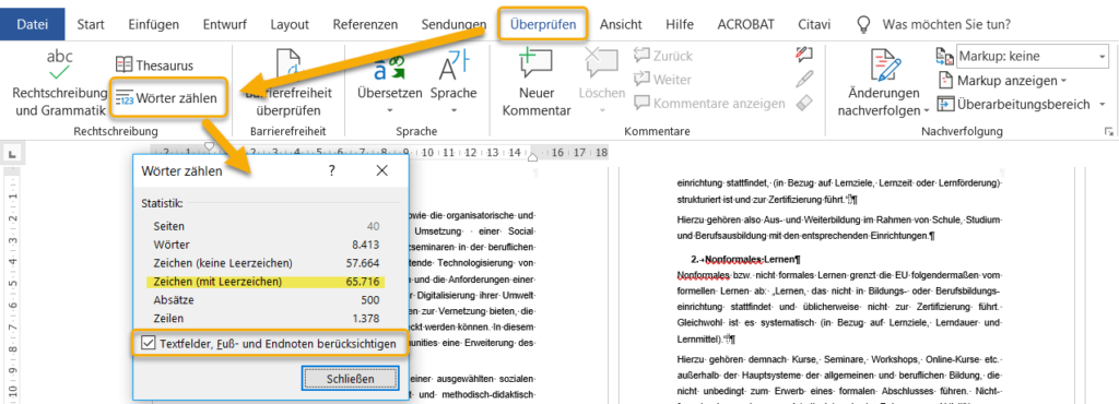 Zeichen der Projektarbeit in Word ermitteln