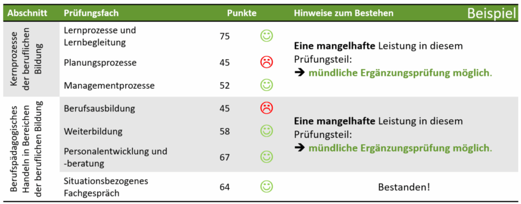 Beispielhafte Übersicht der Ergebnisse von Prüfungsleistungen in der Prüfung der Berufspädagogen